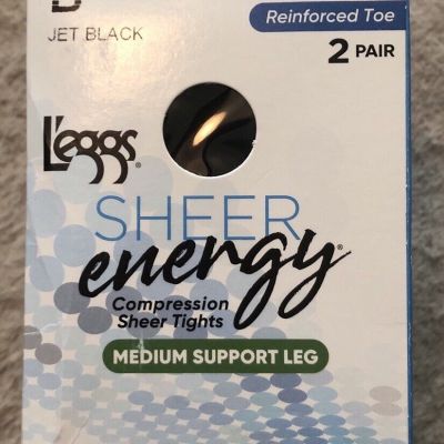 NEW Q+ JET BLACK L'EGGS SHEER ENERGY MEDIUM LEG SUPPORT CONTROL TOP TIGHTS 2PK